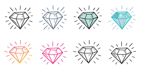 Set of colorful hand-drawn diamonds with sparkles. Vector gemstone icons isolated on white background