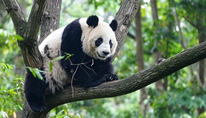 Obraz premium Giant panda, sitting on a tree branch