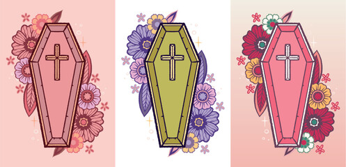 Colorful coffin with floral decoration in old school tattoo style. Bold outlines, pastel and vivid shades. Not isolated on white background