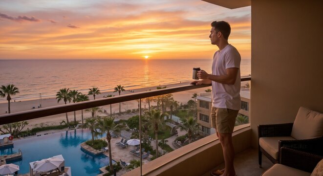 Man enjoying sunset view on balcony while holding coffee cup   - Powered by Adobe