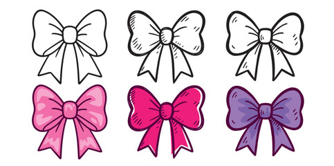 Set of hand-drawn cartoon bows in pink and purple colors. Cute girly style, doodle aesthetic. Isolated on white background