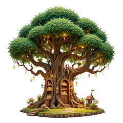 Fototapeta premium Enchanting Tree Shop Illustration Couple Relaxing in Magical Treehouse with Shelves of Goods