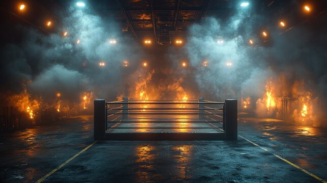 Empty boxing ring in a smoky, industrial setting