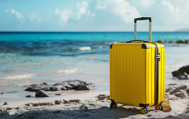 Yellow wheeled suitcase placed on sandy beach with blue ocean and clouds, perfect for tourism, vacation, and travel freedom visuals.