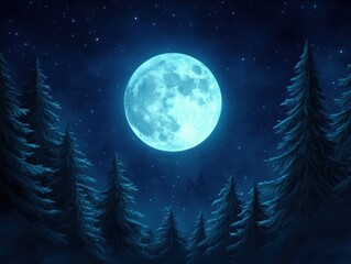 Naklejka premium Enchanting full moon illuminating a serene, dark forest at night