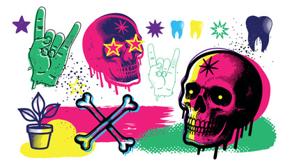 Colorful pop art elements including skulls, bones, teeth, hand signs and plants in grunge comic style, isolated on white background