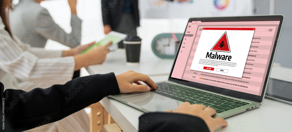 Poster cyber attacking concept. malware alert showing on computer screen display scam and threat detection 