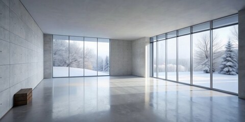 Modern minimalist interior design showcasing expansive windows offering a serene winter landscape view