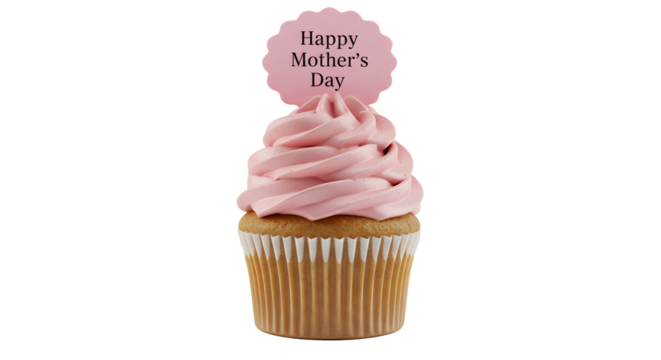A cupcake with pink frosting and a happy mother's day topper on a plain background for celebration on transparent background