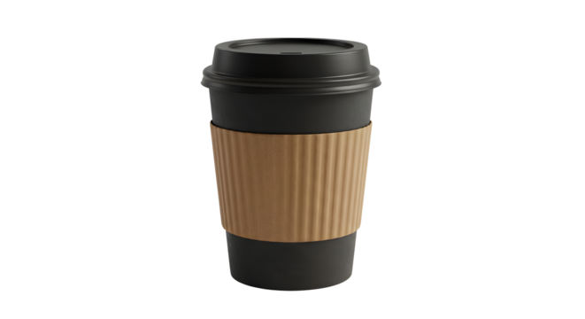 A dark colored coffee cup with a lid and a tan corrugated sleeve on a plain dark background on transparent background