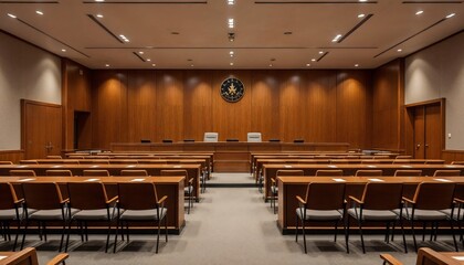 Inside the Courtroom: A formal, empty courtroom, with polished wood paneling and rows of empty seats, is ready for the legal proceedings. The image conveys a sense of authority, law, and order.