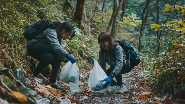 Two individuals collecting litter along a forest trail, promoting environmental awareness and conservation