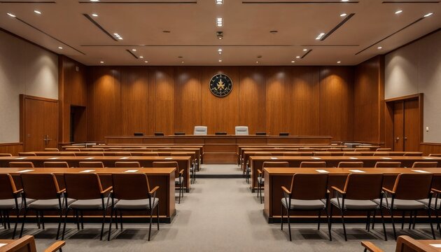 Inside the Courtroom: A formal, empty courtroom, with polished wood paneling and rows of empty seats, is ready for the legal proceedings. The image conveys a sense of authority, law, and order.