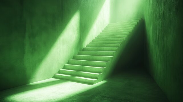 Empty green stairway illuminated by light