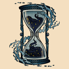 Mystical hourglass filled with night sky and stars, wrapped in cosmic waves. Retro tattoo style illustration, isolated on beige background
