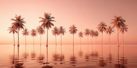 Obraz premium Serene Sunset Vista A Row of Palm Trees Reflected in Calm, Coral-Hued Waters
