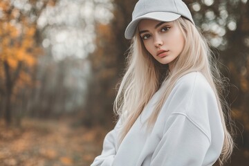 A young woman is depicted wearing a crewneck white mockup sweatshirt set against a themed background with fall colors, symbolizing autumn season female fashion