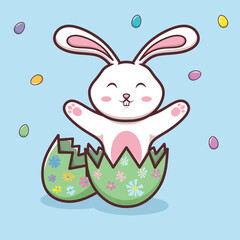 Cute cartoon vector of a baby bunny sitting inside a cracked Easter egg shell. The bunny looks cheerful in soft pastel colors.