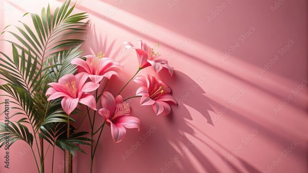 Poster pink blossoms and palm fronds bask in sunlight against a soft rose backdrop creating a serene and el