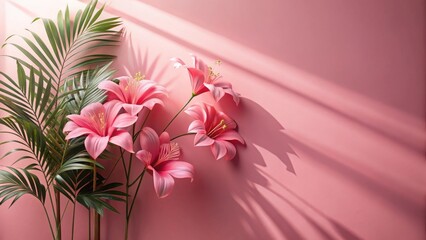 Obraz premium Pink blossoms and palm fronds bask in sunlight against a soft rose backdrop creating a serene and elegant floral scene