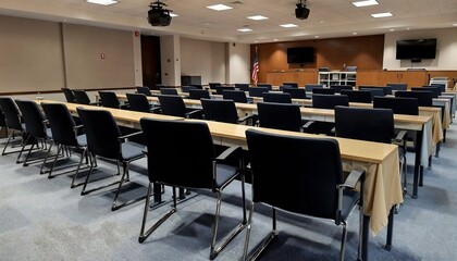 Conference Room Setup: A view of a contemporary conference room setup, featuring rows of tables and chairs, ready for a productive meeting or conference.