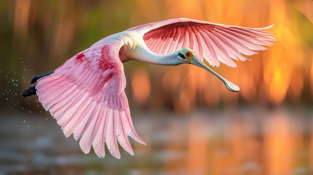 Roseate Spoonbill in Flight: A roseate spoonbill with vibrant pink plumage soars gracefully above a serene wetland at sunset, wings outstretched in elegant flight.