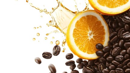 Fresh Orange and Coffee Beans with Splash on White Background
