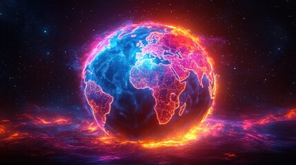 Fototapeta premium Fiery Digital Globe: A Neon Representation of Earth in Space