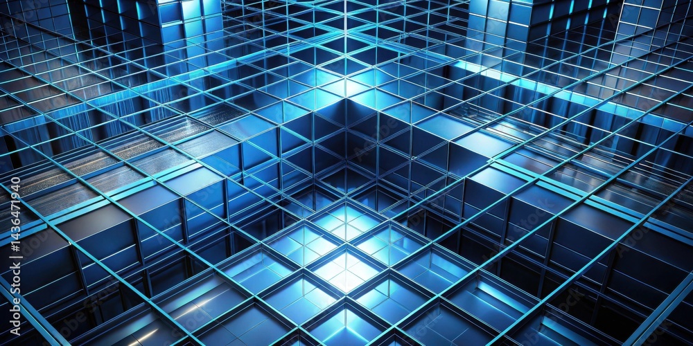 Fototapete Abstract Blue Metallic Grid Structure A Complex Interlocking Pattern of Cubes and Lines