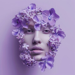Naklejka premium Beauty collage of woman's face with purple flowers isolated on lilac background.