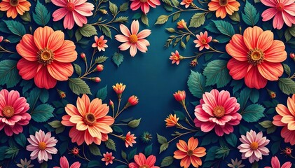 Intricate floral pattern, vibrant hues, lush blooms, summer, flowers, background