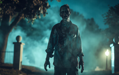 Fototapeta premium Undead male zombie in tattered clothes standing in eerie graveyard fog, perfect for Halloween or horror-themed projects.