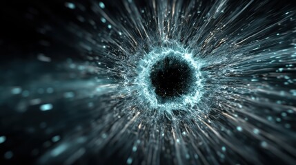 Obraz premium Explosive visual of a black hole surrounded by teal particles symbolizing discovery of olo color perfect for cosmic exploration visuals, science fiction designs, and visionary perception projects