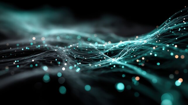 Abstract flowing teal fabric with shimmering particles symbolizing olo color discovery perfect for visionary science visuals, futuristic branding, and conceptual technology presentations