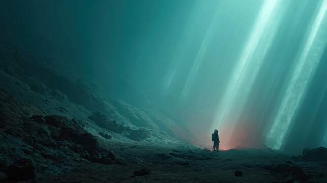 Lonely explorer in teal-lit alien landscape representing discovery of olo color perfect for visionary science fiction visuals, cosmic exploration projects, and futuristic world design