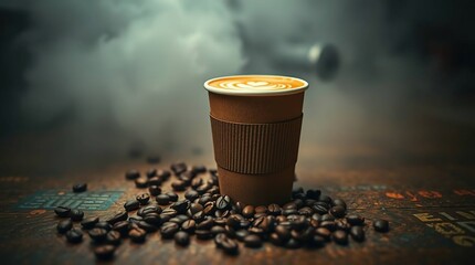 A takeaway coffee cup with latte art, surrounded by coffee beans