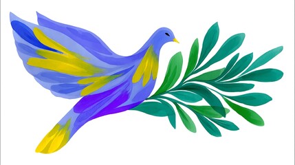 Obraz premium A vibrant blue dove in flight, carrying an olive branch, symbolizing peace and hope