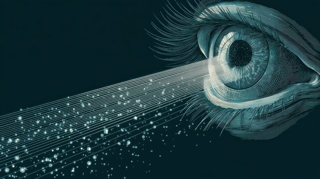 Abstract stylized eye projecting glowing lines of surreal teal hues symbolizing discovery of olo color perfect for optical science, futuristic branding, and conceptual perception visuals