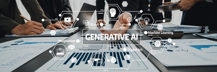 A dynamic business meeting focused on generative AI and data analytics, featuring professionals collaborating over charts and visual insights to drive innovation and creativity. Amity