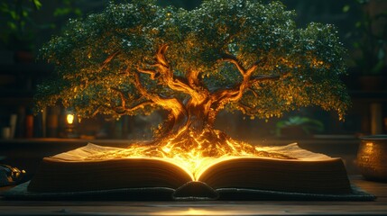 Enchanting ancient tree of life, glowing from an open book