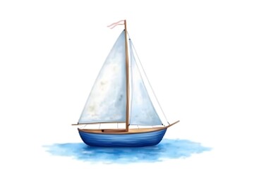 Fototapeta premium Watercolor Sailboat with White Sails on Blue Hull