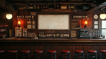 A blank picture frame hanging on the old textured wooden wall in a cosy old english or irish pub