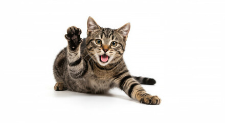 Obraz premium Good veterinary concept. Playful cat reaching out on white background