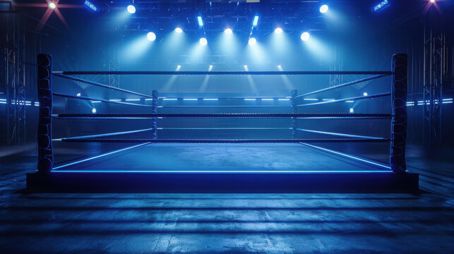 Boxing Ring square platform enclosed by ropes and corner posts, center stage for competitive bouts. - Powered by Adobe