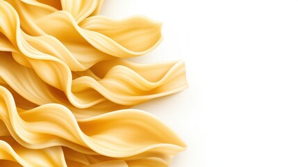 Obraz premium Close-up of uncooked pasta, showing its texture and shape against a white background. The pasta is arranged in a flowing, elegant pattern