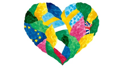 A heart-shaped mosaic of diverse flags, symbolizing global unity and interconnectedness