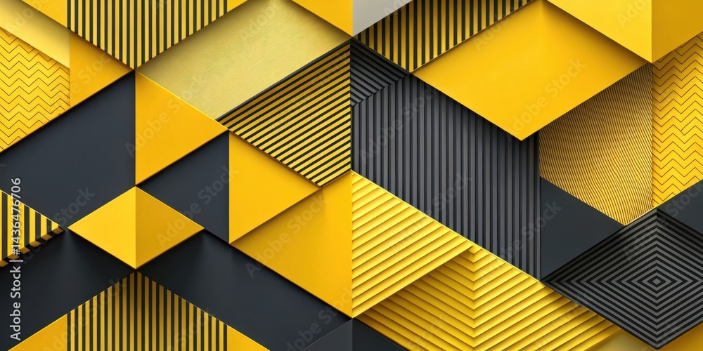 Poster abstract geometric pattern with bold yellow and dark gray hues featuring a complex interplay of tria