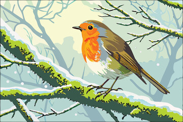 43 European robin, orange breast, yellow flower petals on head, perched on frosty branch, moss-covered twig, misty background, high detail, vibrant colors, macro photography, wildlife portrait, crisp 
