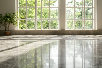 Bright interior with polished floor and large windows Generative AI