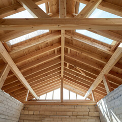 Building construction process of new wooden roof on wood frame house.